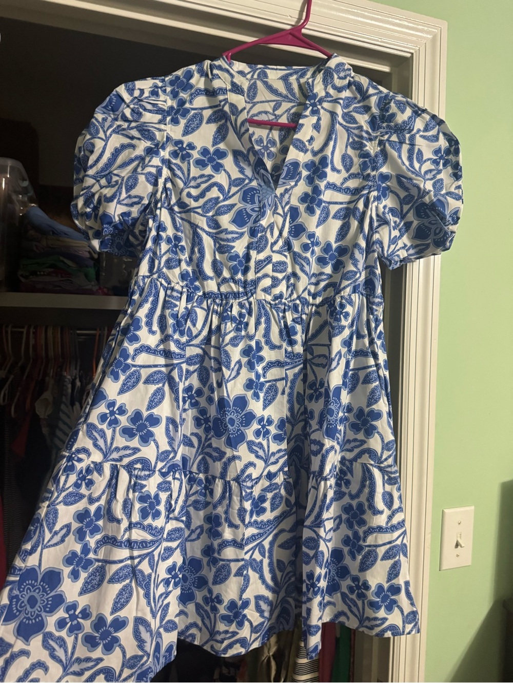 Blue and White Floral Puff Sleeve Dress